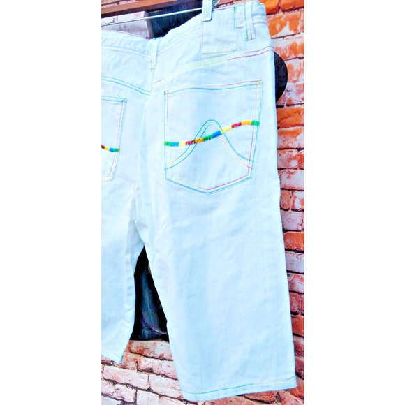 White Light Denim 5 Pocket Shorts W/Rainbow Colored Stitching & Drawstrings - Picture 10 of 11